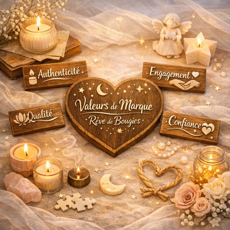 Les Valeurs Rêve de Bougies Valeurs de marque Rêve de Bougies. Authenticité, Qualité, Engagement, Confiance. Composition artisanale avec bougies et éléments naturels