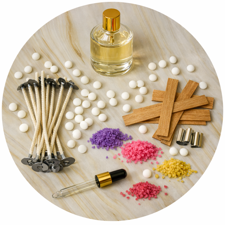 Les matières premières Matières premières des bougies Rêve de Bougies - mèches, cire végétale, flacon de parfum et colorants