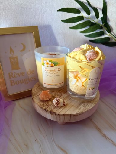 Bougies artisanales parfumées Duo Passion des îles (chantilly et Pastel) - création Rêve de Bougies, ambiance exotique et lumineuse
