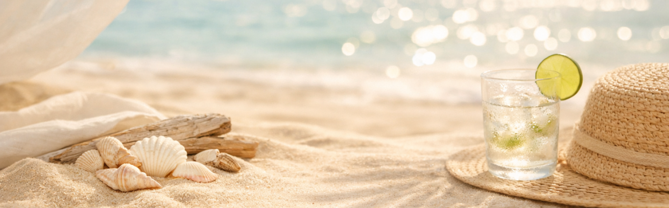 Ambiance estivale Rêve de Bougies - chapeau de pille, coquillages et verre citronné sur sable doré, inspiration Méditerranée